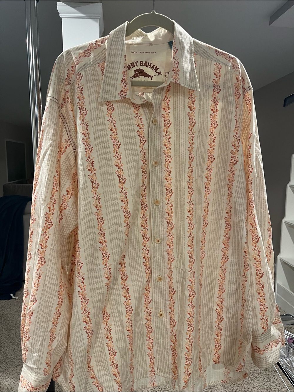 Tommy Bahama Men’s Cream Button-Up Shirt with Coral Stripe Floral Pattern